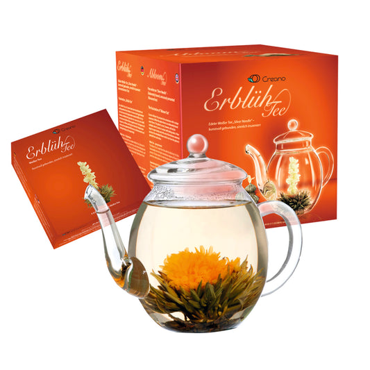 Creano "ErblühTee" Geschenkset Weißer Tee und Glaskanne, 0,5 l im Geschenkkarton