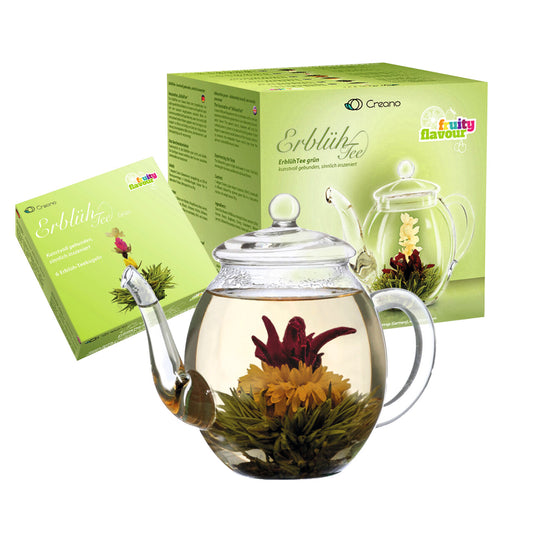 Creano "ErblühTee" Geschenkset Grüner Tee und Glaskanne, 0,5 l im Geschenkkarton