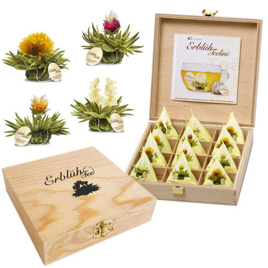 12x Creano Teelini Teeblumen im Tassenformat - in eleganter Holzbox (Weißtee)