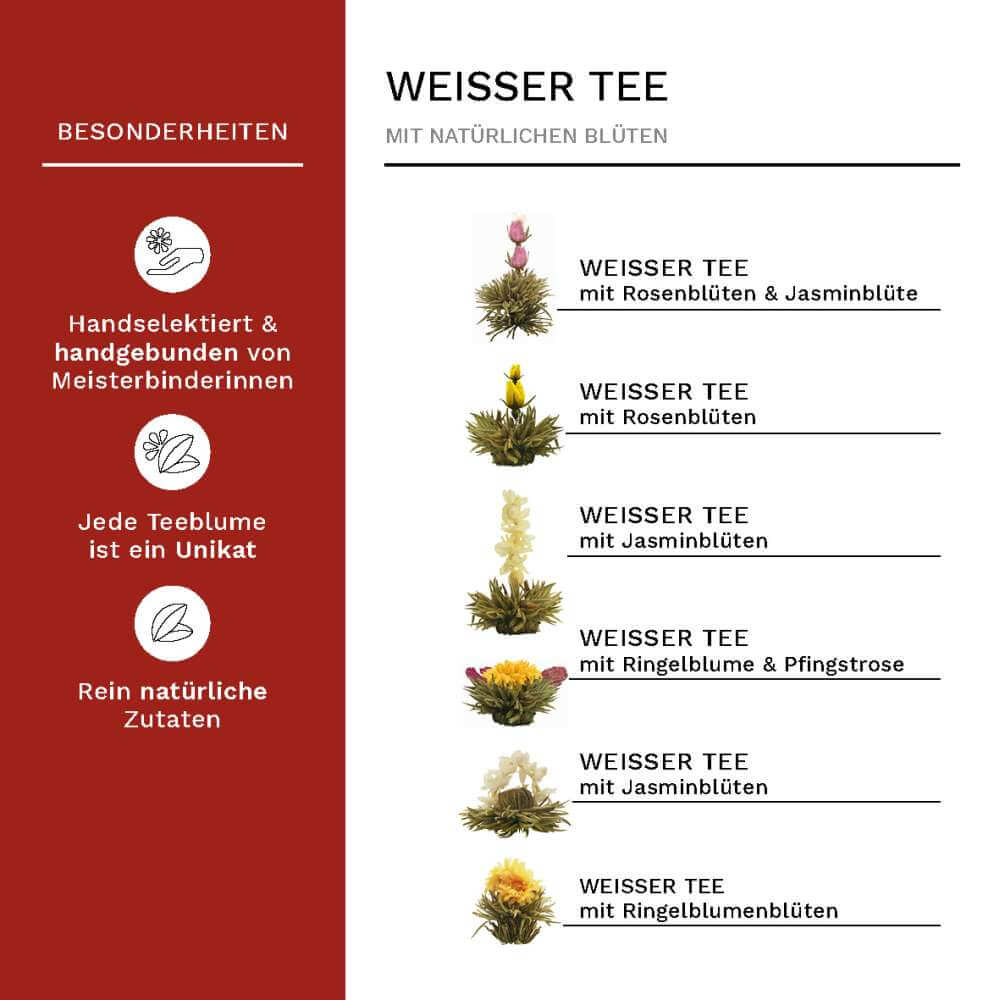 Creano Erblühtee Teeblumen in Holzschachtel in Herzform 6 Sorten (Weißtee)