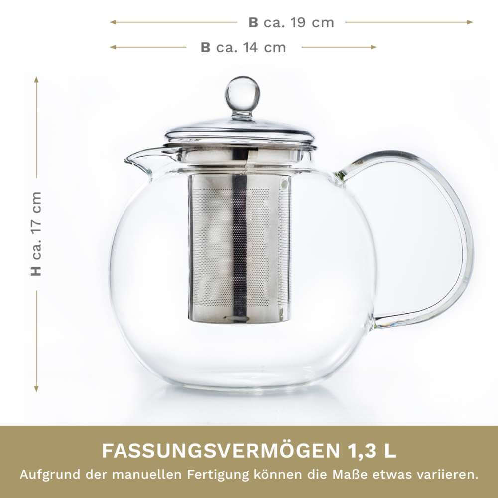 Creano Teekanne 1300ml - Glaskanne 1,3l inkl. Edelstahlsieb - Borosilikatglas