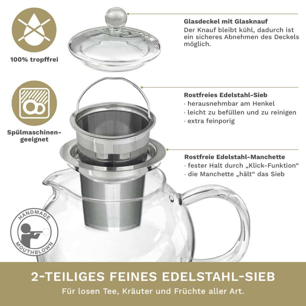 Details für Creano Teekanne 1700ml - Glaskanne 1,7l inkl. Edelstahlsieb - Borosilikatglas ansehen Creano Teekanne 1700ml - Glaskanne 1,7l inkl. Edelstahlsieb - Borosilikatglas Eigenschaft 3