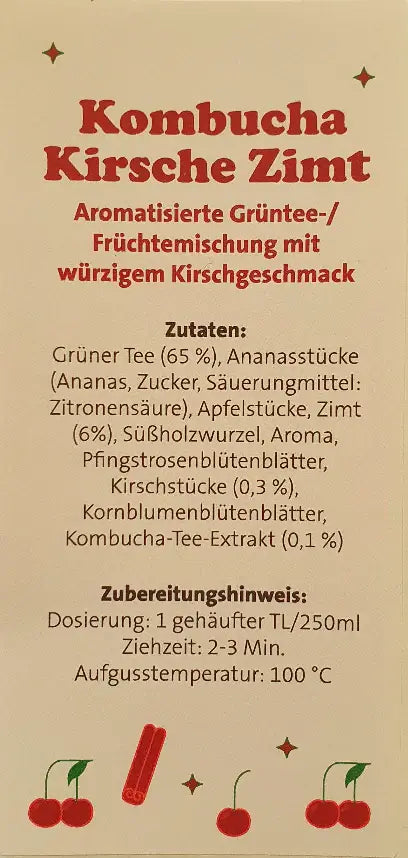 Kombucha Kirsche Zimt Grüntee Produktetikett