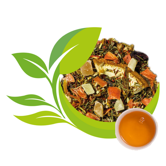 Lieblingsfarbe ORANGE - grüne Rooibos-Tee-/Früchtemischung mit abgebildeter Tasse