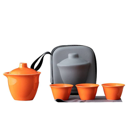 Teeset Orange Teekanne mit 3 Teebechern und Reisetasche